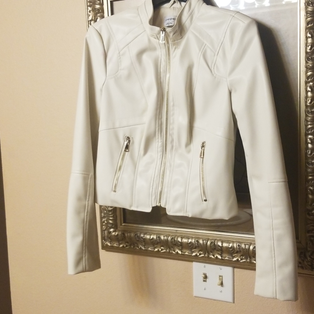 Bebe Cream Faux Leather biker Crop Jacket